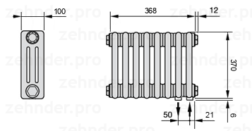 Схема (чертеж) Радиатор Zehnder Charleston 3037/8 №5510 Белый глянцевый RAL 9016